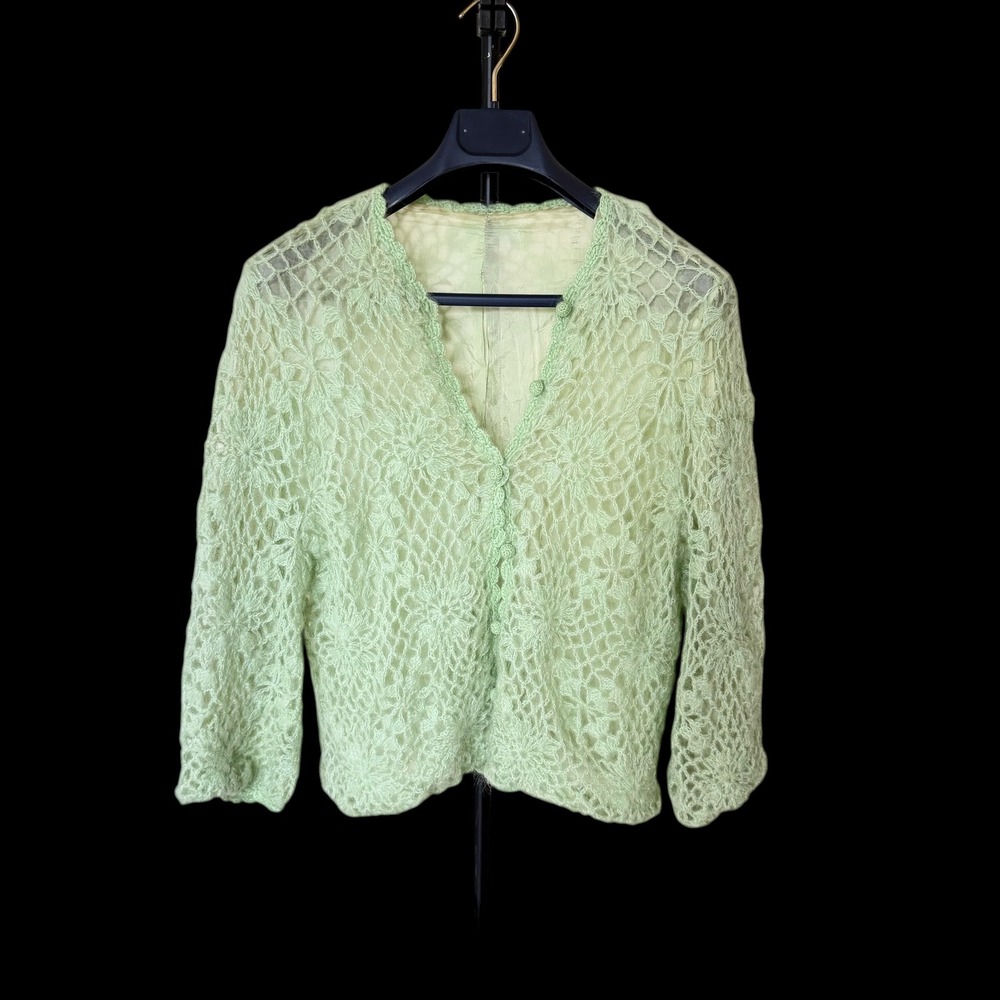 Vintage 50's Mint Green Crochet Lace Cardigan Starburst Knit Button Front Top